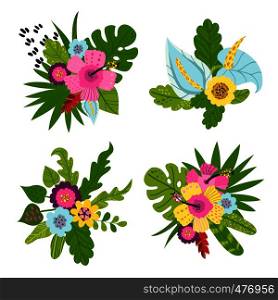 Set of tropical bouquets of flowers and leavesConcept of the jungle for the design of invitations, greeting cards and wallpapers. Set of tropical bouquets of flowers and leaves