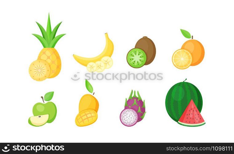 Set of tropical fruits with slices cartoon vector illustration. Fresh natural fruit collection in flat style isolated on white background for restaurant menu design or organic market fruit banner.. Set of isolated tropical fruits with slices