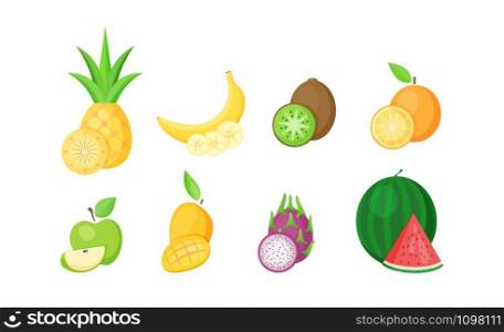Set of tropical fruits with slices cartoon vector illustration. Fresh natural fruit collection in flat style isolated on white background for restaurant menu design or organic market fruit banner.. Set of isolated tropical fruits with slices