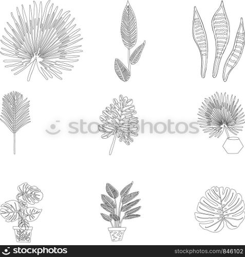 Set of tropical leaves black outline icons on white background. Tropical leaves on background. Postcard, banner, app design. . Set of tropical leaves black outline icons on white background.