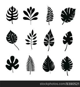 Set of tropical leaves silhouette. Palm leaves silhouettes isolated on white background. Vector stock