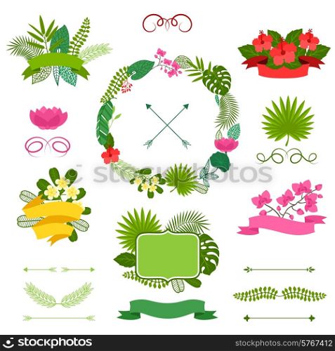 Set of tropical plants wreath, ribbons and labels.