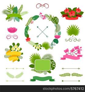 Set of tropical plants wreath, ribbons and labels.