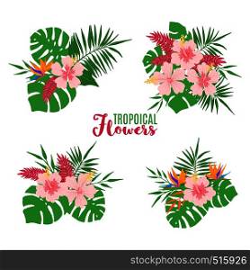 Set of tropical summer bouquet with palm leaves and exotic flowers isolated on white background. Vector illustration.. Set of tropical summer bouquets isolated on white.