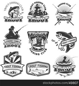 Set of trout fishing emblems isolated on white background. Design elements for logo, label, poster, t-shirt. Vector illustration.