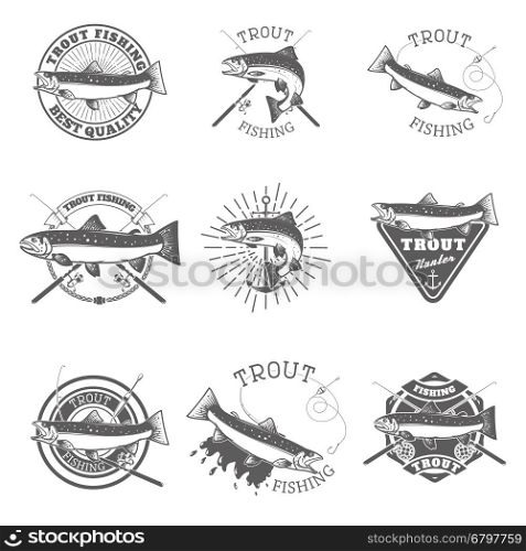 Set of trout fishing labels. Fishing club, team emblems templates. Vector illustration.