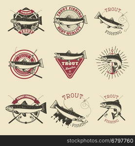 Set of trout fishing labels. Fishing club, team emblems templates. Vector illustration.