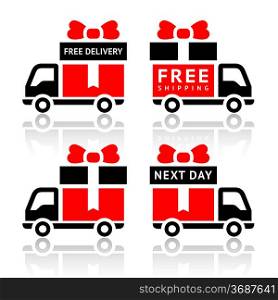 Set of truck red icons - free delivery