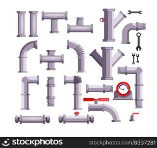 Set of tubes and pipes. Hand tool, ball valve, gauge, wrenches. Can be used for topics like gas industry, water supply, repair