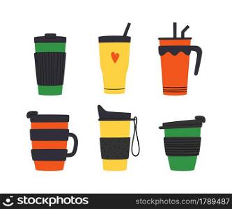 Set of tumblers with cap, handle and straw. Reusable cups and thermo mug. Different designs of thermos for take away coffee. Vector illustrations isolated in flat and cartoon style on white background. Set of tumblers with cap, handle and straw. Reusable cups and thermo mug. Different designs of thermos for take away coffee. Vector illustrations isolated in flat and cartoon style