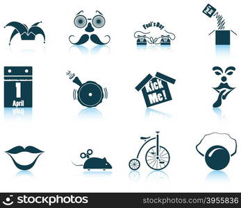 Set of twelve April Fool&rsquo;s day icons with reflections. Vector illustration.