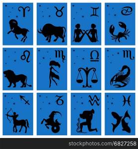 Set of twelve black silhouettes of Zodiac signs vector illustration: Aries, Taurus, Gemini, Cancer, Leo, Virgo, Libra, Scorpio, Sagittarius, Capricorn, Aquarius, Pisces