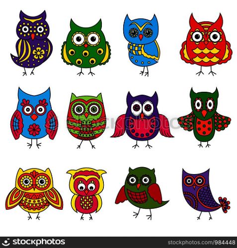 Set of twelve cartoon colorful owls with various patterns isolated on the white background