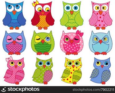 Set of twelve colourful cartoon vector owls with various characters isolated on white background. Set of twelve colourful cartoon owls