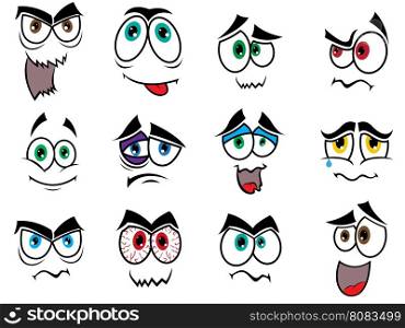 Set of twelve colourful Halloween smiles and grimaces isolated on a white background, cartoon vector illustration