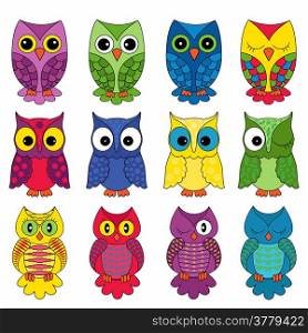 Set of twelve colourful vector owls isolated on white background. Set of sixteen owls