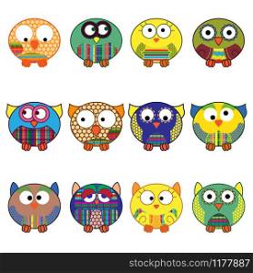 Set of twelve cute cartoon oval owls in various pattern isolated on the white background, cartoon vector outlines as icons