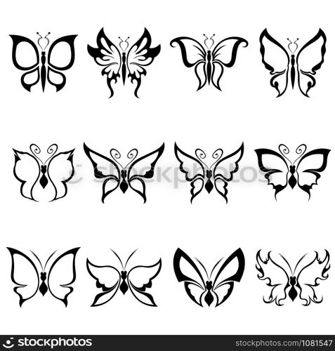 Set of twelve decorative black butterflies isolated on the white background, hand drawing illustration artworks