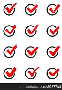 Set of twelve different vector check marks or ticks in boxes conceptual of confirmation acceptance positive passed voting.