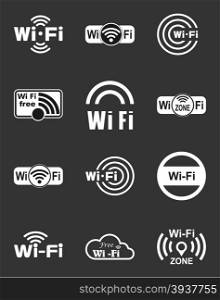 Set of twelve different white vector wireless and wifi icons for remote access and communication via radio waves