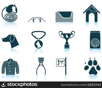 Set of twelve dog breeding icons with reflections. Vector illustration.