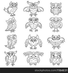 Set of twelve funny and amusing owls outlines isolated on the white background, hand drawing illustration