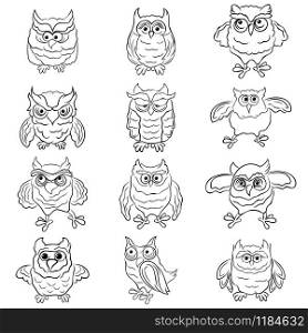 Set of twelve funny cartoon owls outlines isolated on the white background, hand drawing illustration