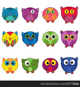 Set of twelve funny cartoon owls placed in oval forms with various pattern isolated on the white background, illustration as icons