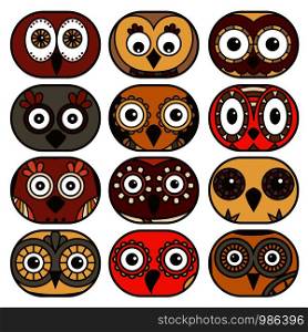 Set of twelve funny owl faces placed in oval forms and isolated on the white background, cartoon vector illustration as icons