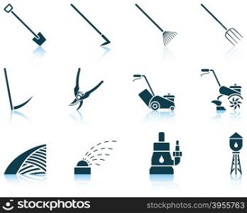 Set of twelve gardening icons with reflections. Vector illustration.