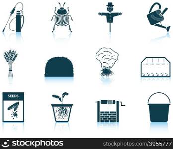 Set of twelve gardening icons with reflections. Vector illustration.