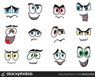 Set of twelve Halloween smiles and grimaces isolated on a white background, cartoon vector illustration