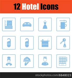 Set of twelve hotel icons. Blue frame design. Vector illustration.