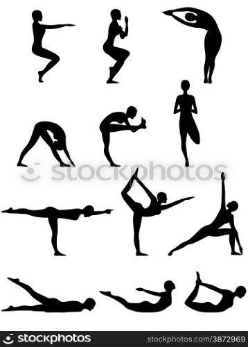 Set of twelve isolated abstract female vector black silhouettes of yoga poses. Abstract silhouettes of female yoga poses