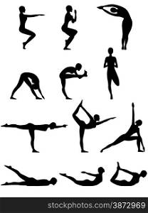 Set of twelve isolated abstract female vector black silhouettes of yoga poses. Abstract silhouettes of female yoga poses