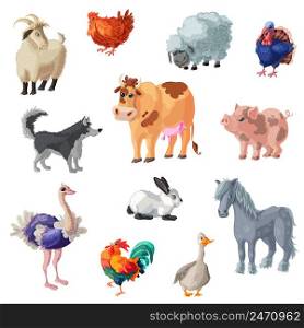 Set of twelve isolated decorative icons with colorful cartoon style farm animals images on blank background vector illustration. Cartoon Farm Animals Set