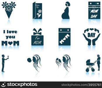 Set of twelve Mother&rsquo;s day icons with reflections. Vector illustration.