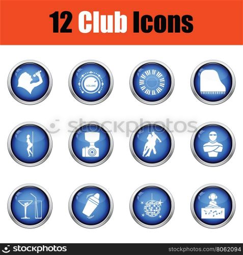 Set of twelve Night club icons. Glossy button design. Vector illustration.
