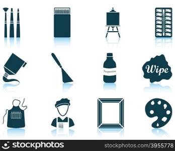 Set of twelve painting icons with reflections. Vector illustration.