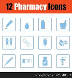 Set of twelve pharmacy icons. Blue frame design. Vector illustration.