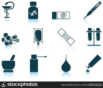 Set of twelve pharmacy icons with reflections. Vector illustration.