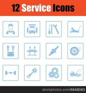 Set of twelve Service station icons. Blue frame design. Vector illustration.