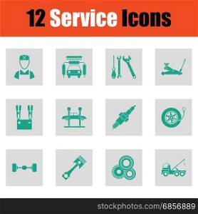 Set of twelve Service station icons. Set of twelve Service station icons. Green on gray design. Vector illustration.