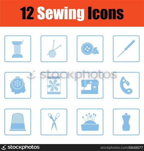 Set of twelve sewing icons. Blue frame design. Vector illustration.