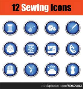 Set of twelve sewing icons. Glossy button design. Vector illustration.