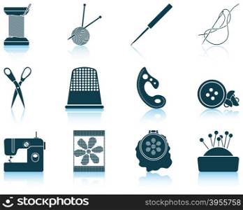 Set of twelve sewing icons with reflections. Vector illustration.
