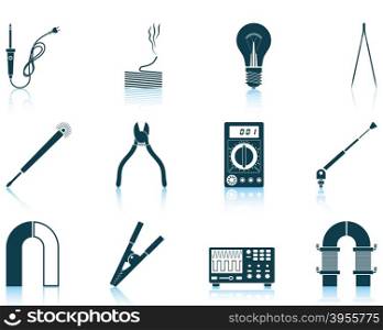 Set of twelve soldering icons with reflections. Vector illustration.