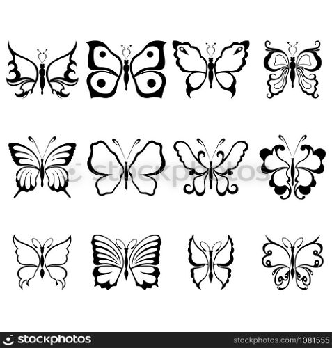 Set of twelve stencils of beautiful butterflies isolated on a white background, hand drawing illustration