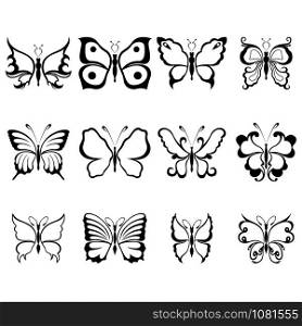 Set of twelve stencils of beautiful butterflies isolated on a white background, hand drawing illustration