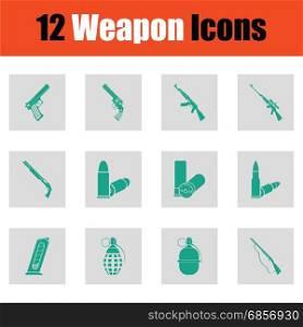 Set of twelve weapon icons. Set of twelve weapon icons. Green on gray design. Vector illustration.